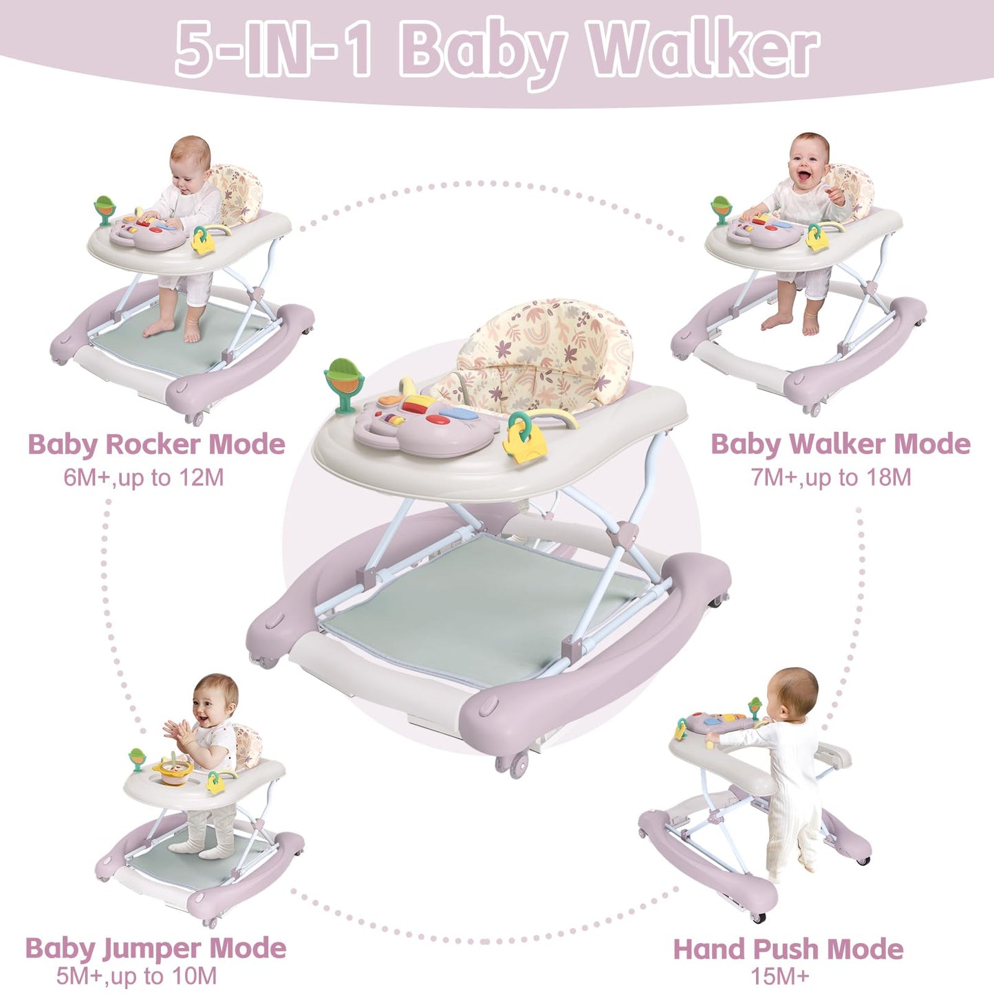 5 in 1 Foldable Baby Walker,Activity Baby Walker-Baby Bouncer,Rocker,Activity Center,Seat and Push Walker,Detachable Footrest Mat,Adjustable Speed Rear Wheels and Height,Ages 6-18 Months (Purple)