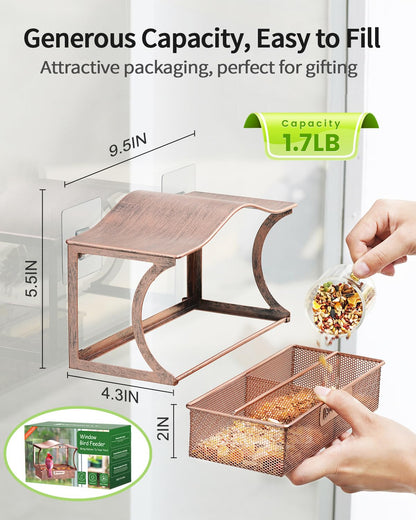 Window Bird Feeder, Metal - with Strong Suction Cups, Large Outdoor for Viewing Bird Watching Gift (Curved)