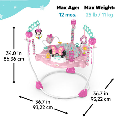 Bright Starts Disney Baby Minnie Mouse Forever Besties Baby Activity Center Jumper with 10 Toys, Lights & Sounds, 360-Degree Seat, 6-12 Months (Pink)