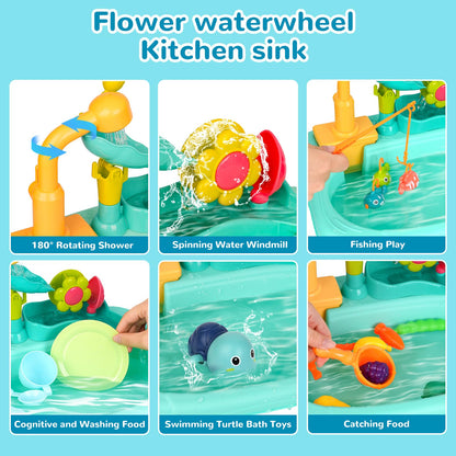 Mini Water Table for Toddler 1-3, Kids Play Sink with Running Water, Outdoor Toys for Kids Ages 4-8 with 360° Electric Faucet, Floating Fishing Game, Sensory Activity Kitchen Toy for Boys Girls