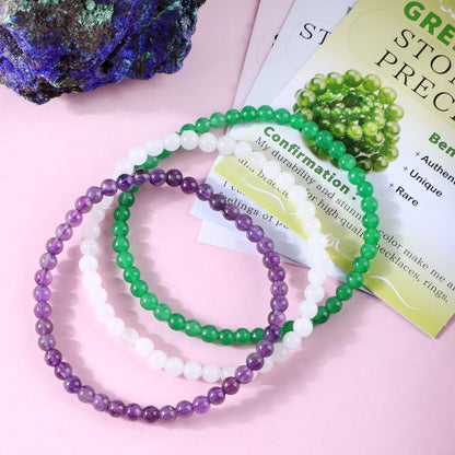 CMBYN 3-Pieces 4mm Natural Crystal Gemstone – ﻿Amethyst, Green Jade, White Jade Handmade Reiki Energy Healing Stretch Bracelets Jewelry for Yoga, Meditation, Unisex