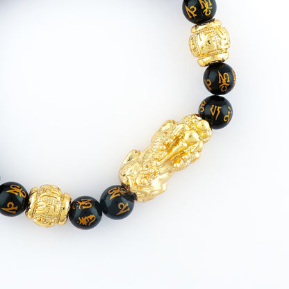 CRYSTALINES Om Mani Padme Hum Lion Beads Bracelet, Onyx Gemstone Stretchable Beaded Bracelet, Handmade, Chakra - Healing - Yoga - Spiritual - Protection, Kundalini Stretch Bracelet - 8mm Beads