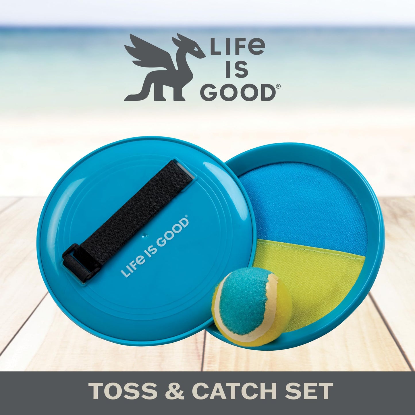 Life is Good Toss and Catch Ball Set (Green/Blue), Family Outdoor Games with 2 Paddles, 2 Balls & 1 Carry Bag, No-Setup 2-Player Paddle Game for Beach, Backyard, Park & Travel Fun