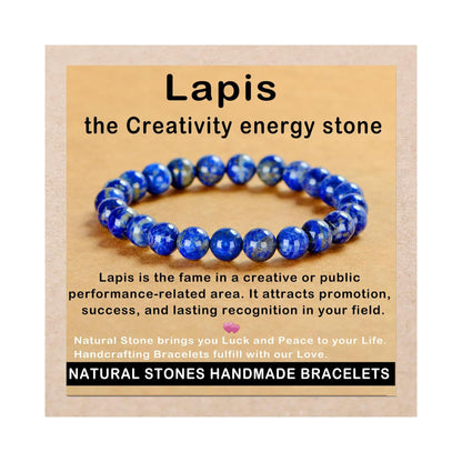 AD Beads Handmade Gemstone Stretch Elastic Bracelet Crystal Healing Reiki Nature's Beauty and Spiritual Essence Unisex (8mm, Lapis Lazuli)