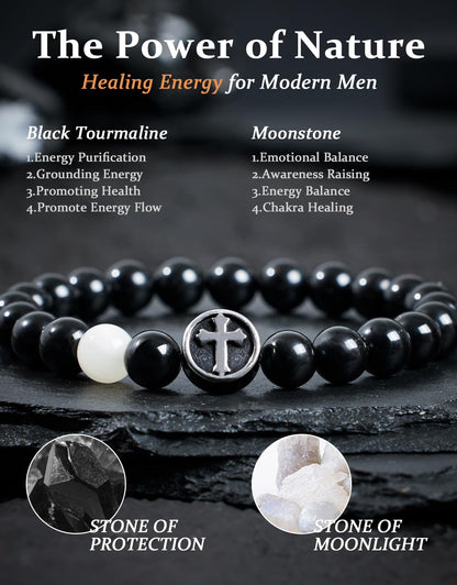 Landorilo Gifts for Men, 8mm Cross Natural Stone Beaded Bracelets, Black Tourmaline Healing Bracelet, Handmade Mens Jewelry Gift for Him, Husband, Son, Father, Friend(To My Son-8.3in)