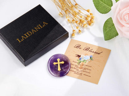 LAIDANLA Amethyst Cross Engraved Healing Crystal Worry Stones for Pray Faith Anxiety Relief Oval Palm Stone Polished Natural Crystal Gifts