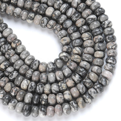76pcs 5x8mm Natural Stone Gray Map Jasper Rondelle Spacer Loose Beads Abacus Disk Stone Round Loose Gemstone Beads for Jewelry Making DIY Bracelet Necklace