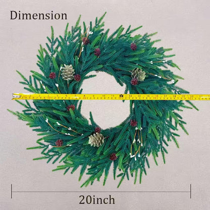 20 Inch Christmas Wreath for Front Door, Artificial Realistic Green Pine with Gold Pinecone, Door Wall Window Fireplace Party Decor