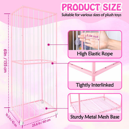 BETBEM Stuffed Animal Storage, Metal Tube Extra Large Toy Storage Organizer with Brake Wheels, Stuffed Animal Holder Zoo Organizer for Nursery Playroom Kids Room Pink(61” x 23.6”x 16.5”)