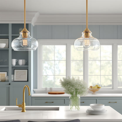 Kira Home Harlow 9" Modern Schoolhouse Pendant Light with Clear Glass Shade, Industrial Farmhouse Hanging Light with Schoolhouse Glass, Warm Brass Finish