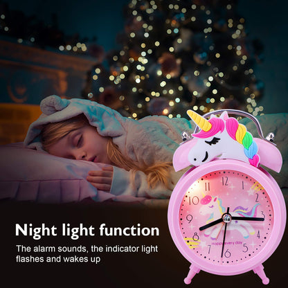 TCJJ Unicorn Alarm Clock for Girls Kids, Cute Bedroom Decoration, Non Ticking Silent Second Hand, w/Backlight Super Loud Twin Bell, for Kids Unicorn Gifts (Pink)