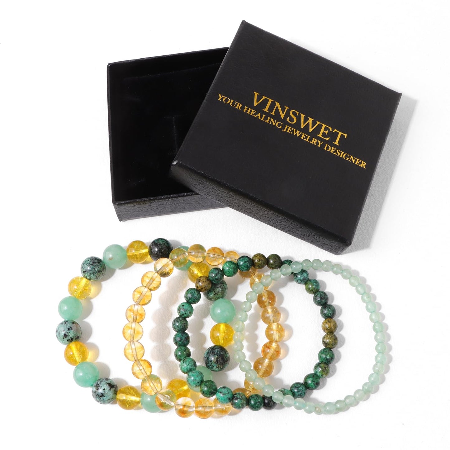 Vinswet 4pcs Natural Stone Beaded Bracelets for Women Men,Healing Crystal Gemstones Stretch Bracelet,4mm 6mm 8mm 10mm Aventurine African Turquoise Citrine Anxiety Stress Relief Bracelet Jewelry Gifts