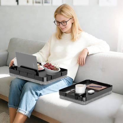 Lap Tray with Cushion Plastic Lap Desk with Cushion 15.5”Large Breakfast in Bed Tray with Removable Cushion & Cup/Phone Holder, Lap Table with Laptop Pocket for Couch TV Adults Eating Gaming Black