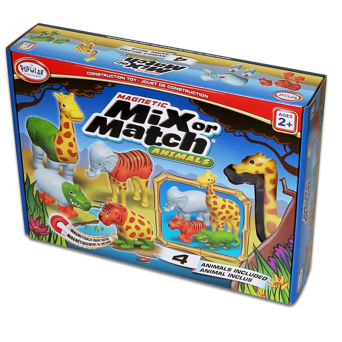 POPULAR PLAYTHINGS Magnetic Animals for Toddlers 1-3, Mix or Match Animal Toys, Set of 4 Gift for Kids - Jungle Animals