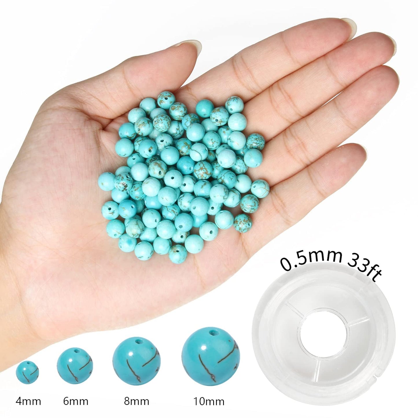 NITOPUPU 100Pcs 10mm Natural Smooth Turquoise Gemstone Beads Round Loose Stone Beads for Jewerly Making with Crystal Stretch Cord