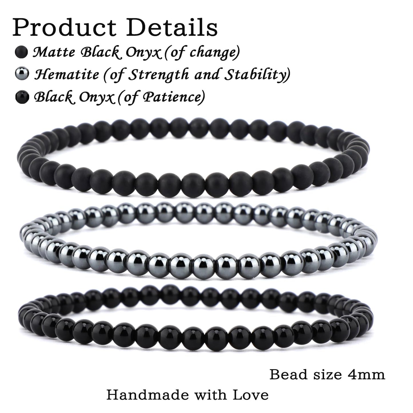 CMBYN 3-Pieces 4mm Natural Crystal Gemstone – ﻿Black Onyx, Hematite, Matte Black Agate Handmade Reiki Energy Healing Stretch Bracelets Jewelry for Yoga, Meditation, Unisex