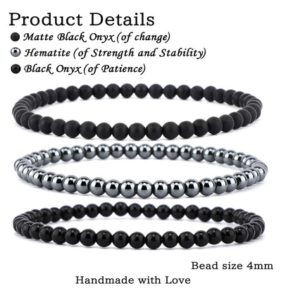 CMBYN 3-Pieces 4mm Natural Crystal Gemstone – ﻿Black Onyx, Hematite, Matte Black Agate Handmade Reiki Energy Healing Stretch Bracelets Jewelry for Yoga, Meditation, Unisex