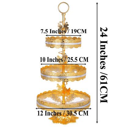 3 Tier 24 Inches Round Metal Cake Display Stand, Gold Fondant Cake Cupcake Dessert Fruit Stand Pedestal, Bakeware Wedding Birthday Baking Party Supplies Centerpiece