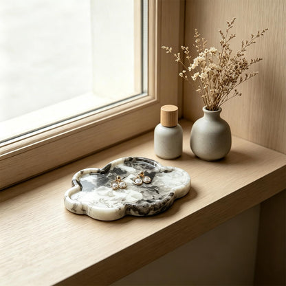 Terramason Natural Marble Tray Cloud Shape Vanity Trays, Jewelry Trays Holder Dish for Bathroom Countertop Home Decor Gift Black Needle