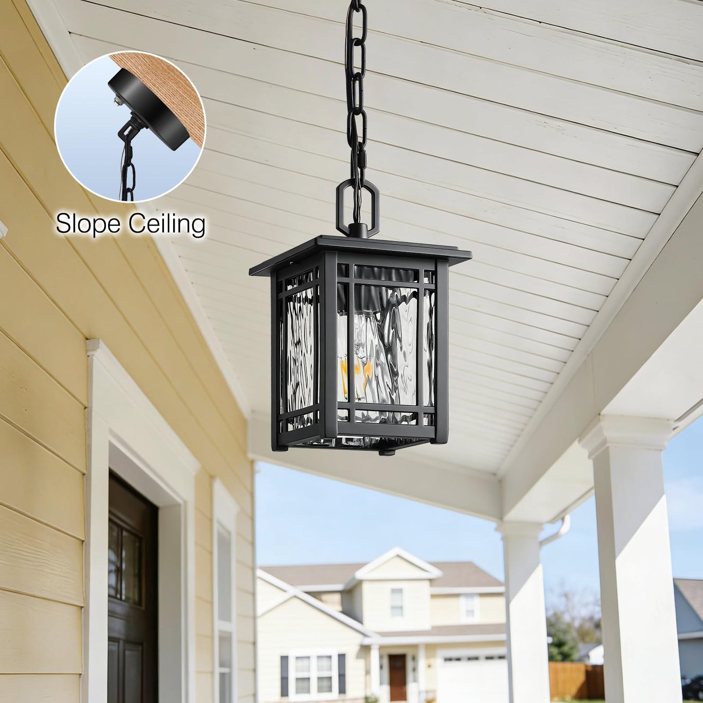 OPAXIS Dusk to Dawn Outdoor Pendant Light Fixtures, Modern Black Outdoor Hanging Lights with Photocell Sensor, Waterproof Exterior Chandelier for Porch, Outside Pendant Lantern with Adjustable Chain