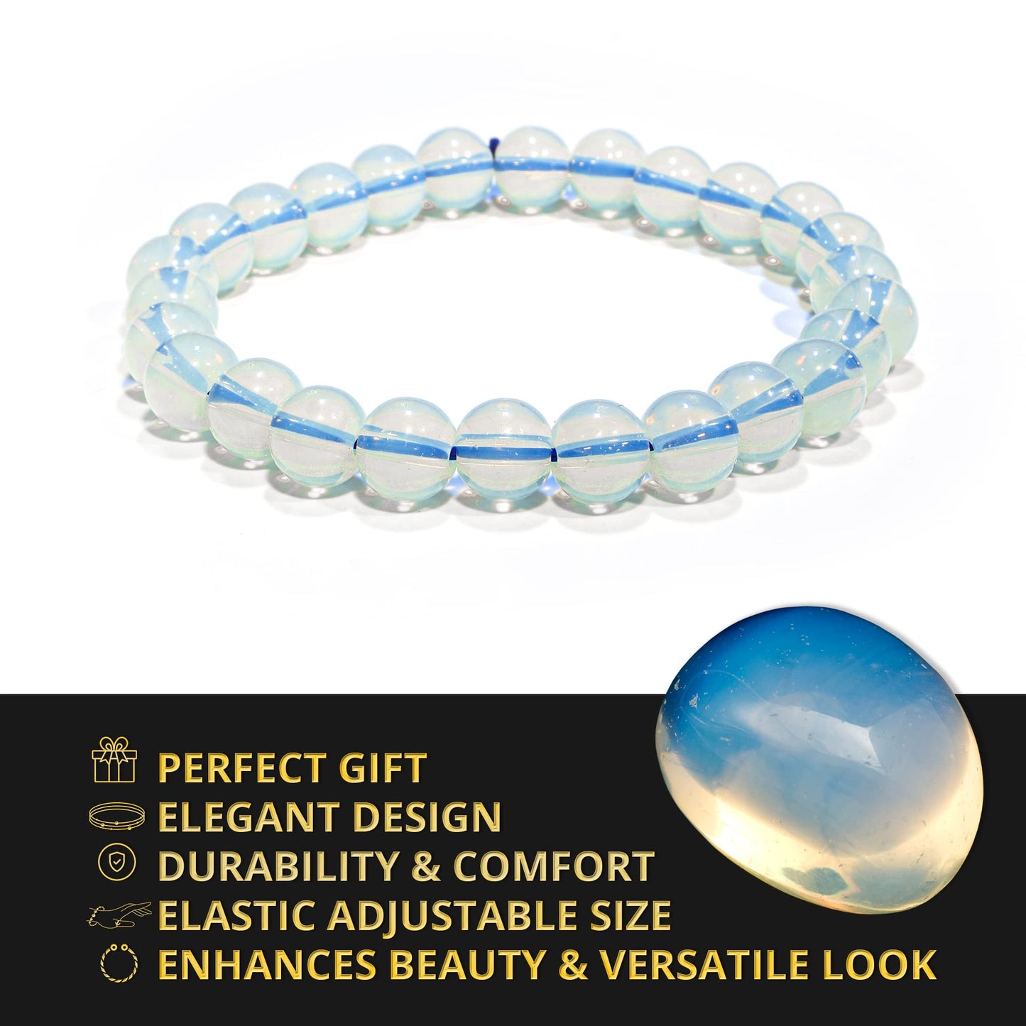 ANAYA AGATE Opalite Bracelet, Healing Crystal Bracelet for Women and Men, 8mm Round Beaded Bracelet for Spiritual Healing, Protection, Positive Energy, Elastic Adjustable Size Gemstone Bead Bracelet