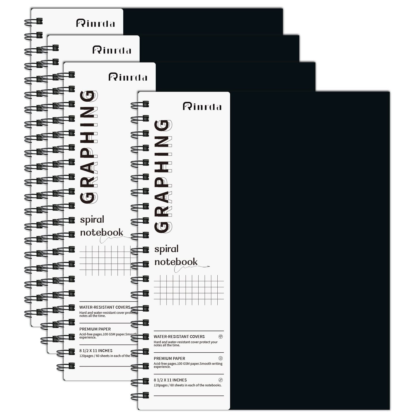 Rinrda Graph Paper Notebook Spiral Notebook 8.5" x 11"-4 Pack Grid Paper Notebook Graph notebook Engineering notebook 120 Pages 100 GSM Thick Graphing Paper Notebook Hardcover Journal for School,