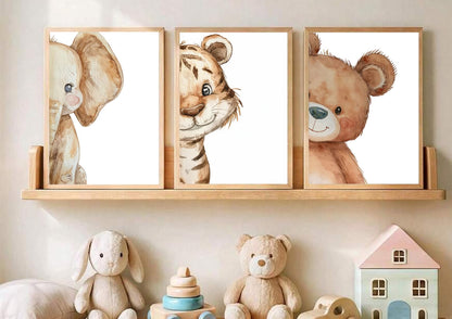 Devunaty 3pcs Funny Safari Animals Nursery Canvas Wall Art Baby Animals Poster Print Wall Decor Cute Bear Tiger Elephant Paintings Picture for Kids Baby Room Boys Girls Bedroom Decor 12X16in Unframed