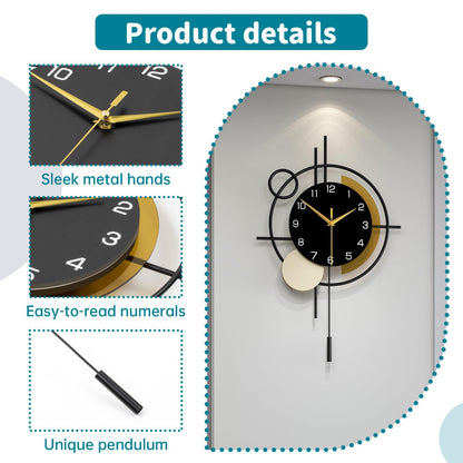 YIJIDECOR Wall Clock for Living Room Decor Decorative Wall Clock with Pendulum Silent Quartz Battery Operated Black Metal Large Clock for Dining Room,Kitchen,Home,Bathroom,Bedroom,13.8x21.3 in