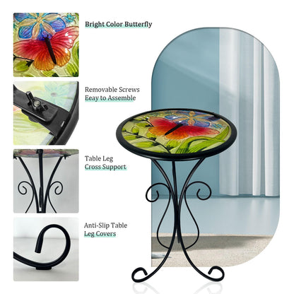 HONGLAND Outdoor Side Table, Small Outdoor Table, 12" Round Patio Side Table End Table, Glass Plant Stand, Small Bistro Coffee Table for Garden Patio Porch Living Room (Butterfly)