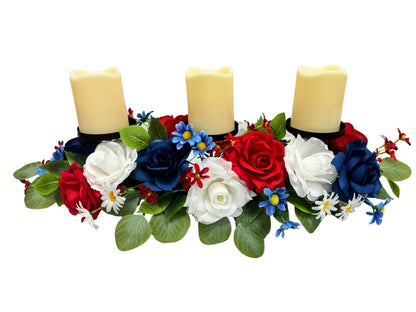 Svndlyn 4th of July Decorations,Patriotic Floral Arrangement Centerpiece for Table,Centerpiece with 3 Candle Holder,Red White and Blue Fake Rose Flowers for Independence Day Home Decor,Memorial Day