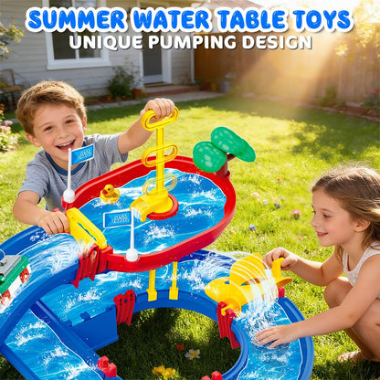 VATOS 2-Tier Outdoor Water Table Toys for Kids, 61PCS DIY Summer Waterways Playset with Pump, Toddler Water Park Toys for Pool Backyard Beach, Sensory Activity Fun Toy Gift for Boys Girls 3-5 4-8