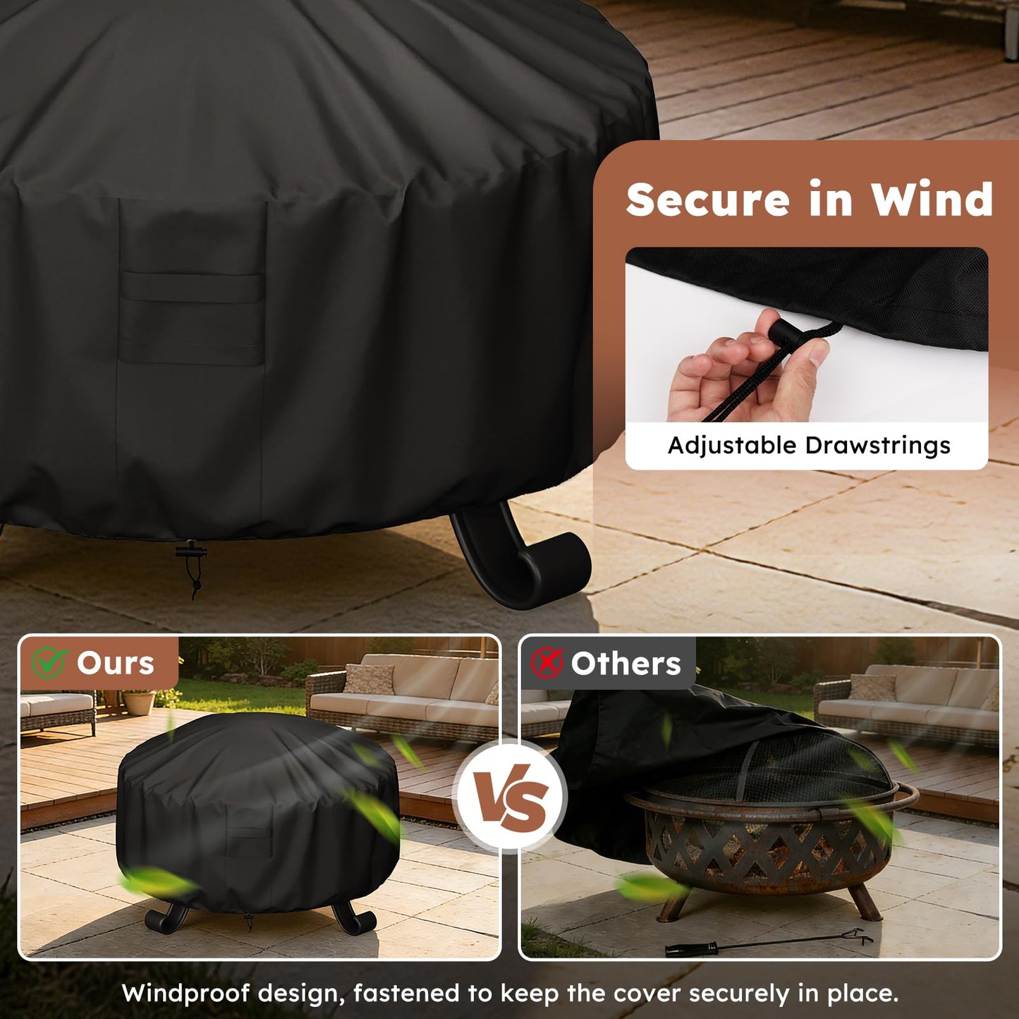 MR. COVER Round Fire Pit Cover 48 Inch, Heavy Duty 600D Waterproof Windproof Fire Pit Table Cover, Rip-Proof Fade Resistant Outdoor Firepit Cover with Straps and Built-in Vents, Black