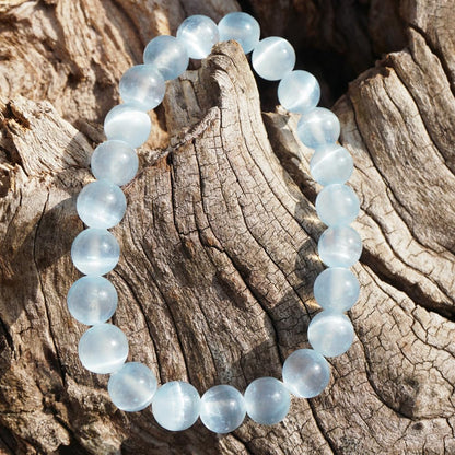 TaHLga Natural Selenite Bracelet 8mm | Aqua Blue | Crown Chakra Crystal with Cat-eye Effect | Handmade Meditation Healing Bracelet for Women Men | Beading Tool Kit - Fits for 6.5-7.5 inch Wrist Size