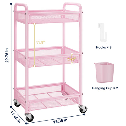 YASONIC 3 Tier Rolling Cart – Metal Utility Storage Cart with Wheels, Craft Cart Organizer with Hanging Cups, Hooks, Mesh Basket for Bedside Kitchen Office Art, Pink