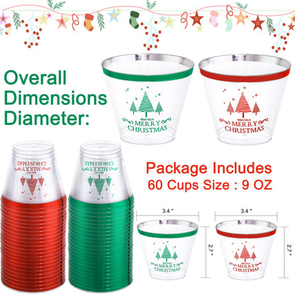 LUODA 60PCS 9 oz Christmas Party Cups, Merry Christmas Plastic Cup,Red and Green Edge Xmas Disposable Clear Cup for Party &Xmas Eve Decoration