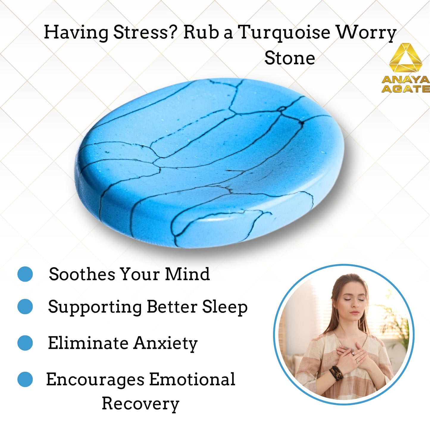 Anaya Agate Turquoise Howlite Worry Stones Certified Crystal Thumb Worry Stone for Anguish, Relaxing and Soothing Balance Stones for Meditation, Stress Relief Crystals and Healing Stones for Men Women