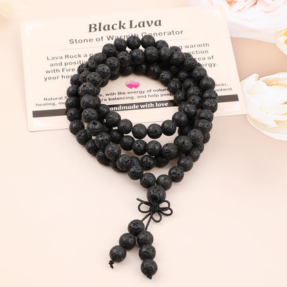 AD Beads 8mm 108 Prayer Mala Black Lava Elastic Bracelet - Warmth Generator - Handmade Yoga Meditation Healing Power Energy Gifts for Unisex Adult.