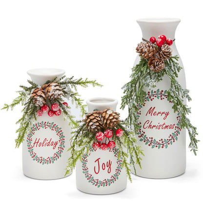 Wortour Artificial Christmas 3-Piece Set Flocked with Mixed Xmas Decorations Ceramic White Bottles