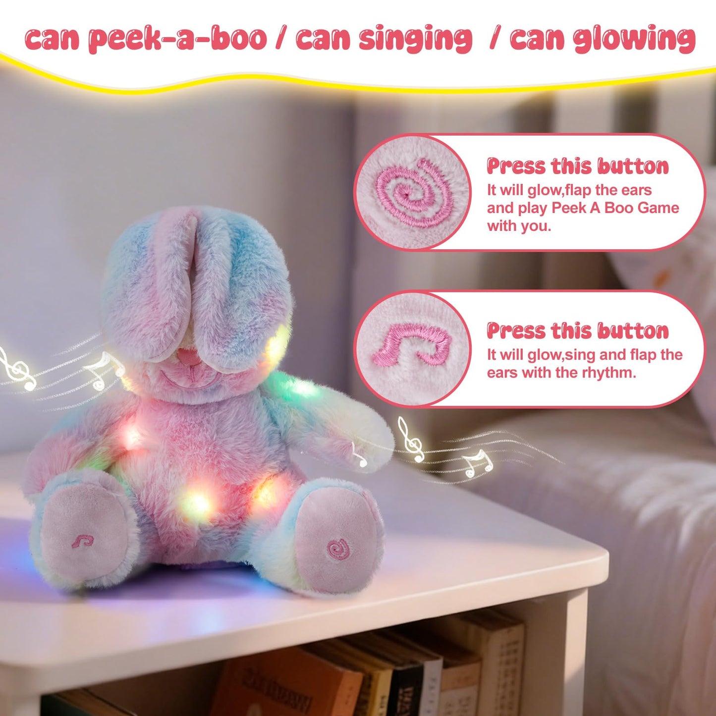 Glow Guards 10'' Light up Peek-a-Boo Bunny Stuffed Animal, Singing Rainbow Bunny Stuffed Toy, Animated Interactive Rabbit Plush Toys Easter Birthday Gifts for Baby Toddlers Girls Boys