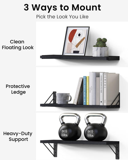 BAYKA Wall Mounted Floating Bathroom Shelves, Wood Wall Shelf for Books & Decor, Space-Saving Display & Organizer (Black, Set of 4)