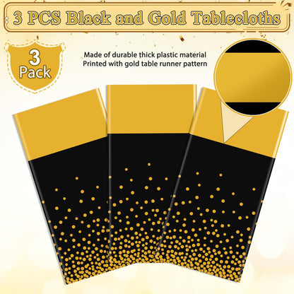 3Pcs Black and Gold Tablecloth Party Decorations,Plastic Black Table Cloth Printed Gold Table Runner Disposable Rectangle Tables Cover for Birthday Retirement Anniversary Graduation Party,54 x108 Inch