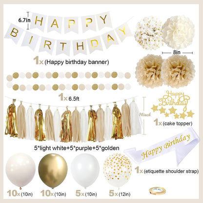 Upgraded Gold White Birthday Party Decorations for Girls Women Men with Happy Birthday Sash,Banner,Tissue Pompoms,Circle Dots Garland,Paper Tassels Garland, cake topper for Her Decor