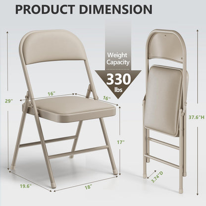 Folding Chairs 2 Pack, PU Leather Padded Folding Chairs for Outside and Indoor, Heavy Duty Portable Foldable Metal Commercial Seat for Home Office, Dorm, Party, Backyard, Lawn, Patio, Khaki