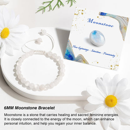 GolbalJew Healing Crystal Beaded Bracelets for Women Men, 6mm Moonstone Stone Beads Bracelets Set with 2PCS Adjustable White Rope Bracelets