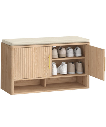Zeibospri Fluted Shoe Storage Bench with Cushion, 3-Tier Entryway Bench with Adjustable Shelves and Open Bottom Shelf, Hidden Shoe Organizer Cabinet, for Hallway, Living Room, Bedroom, Natural Oak