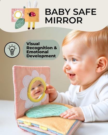 Toodly Cute Soft Baby Book with Mirror, Activities, Touch and Feel & Crinkle Pages - Interactive Sensory Cloth Toy for Babies 0-6, 6-12 & 12-18 Months - Adorable Animal Themes for Early Development