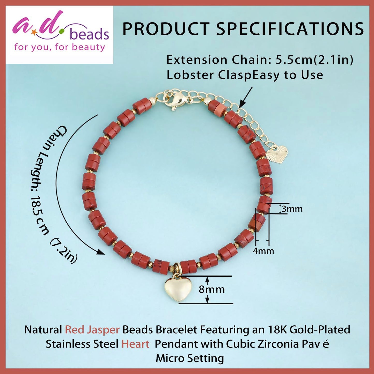 Natural Gemstone Healing Crystal Red Jasper Dainty Charms Heart Bracelet Adjustable Chain Extender Minimalist Jewelry