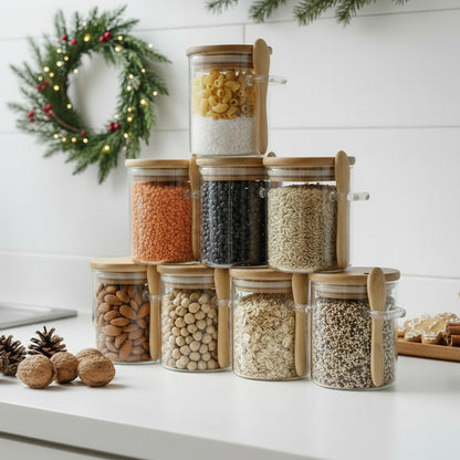 Livejun 7.6 oz Airtight Mini Glass Jars with Bamboo Lids and Bamboo Spoons, Spice Jars Small Food Storage Containers for Kitchen, Bathroom, Home Decor Set of 8