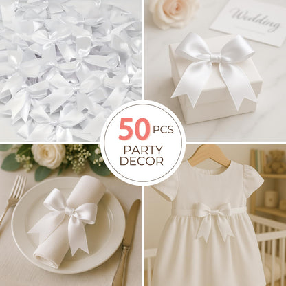 White Gift Wrap Bows - 50pcs 3.3 Inch Elegant Bows for Gift Wrapping, Party Decorations, Wedding Decor, Birthday Presents, Holiday Gifts, DIY Crafts, Baby Shower, Anniversary, Christmas, Gift Bags