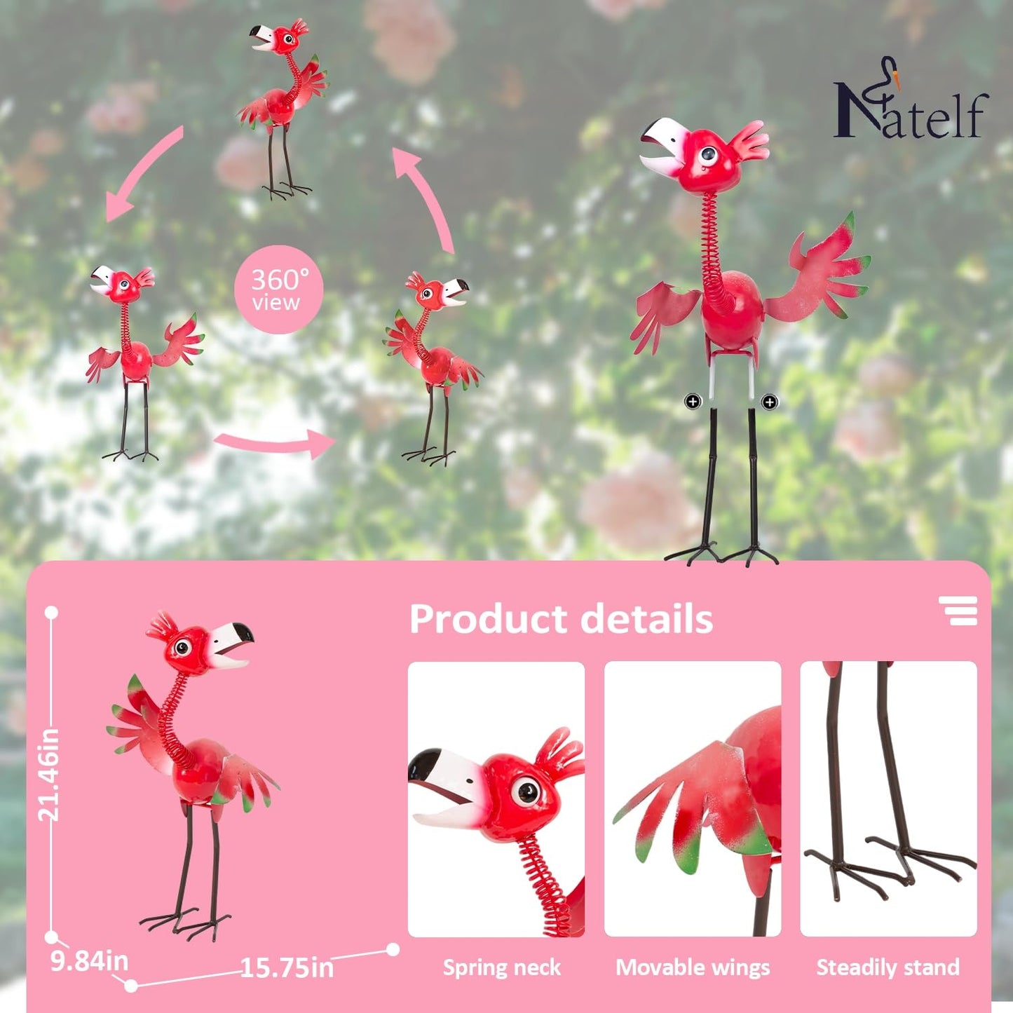 Natelf Metal Flamingo Garden Statue, Whimsical Pink Bird Flamingo Sculpture Decor Yard Art for Outdoor Yard Porch Patio Backyard Porch Decorations 21.46''